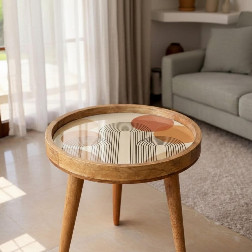 Angled view of the mid-century retro line mango wood side table.
