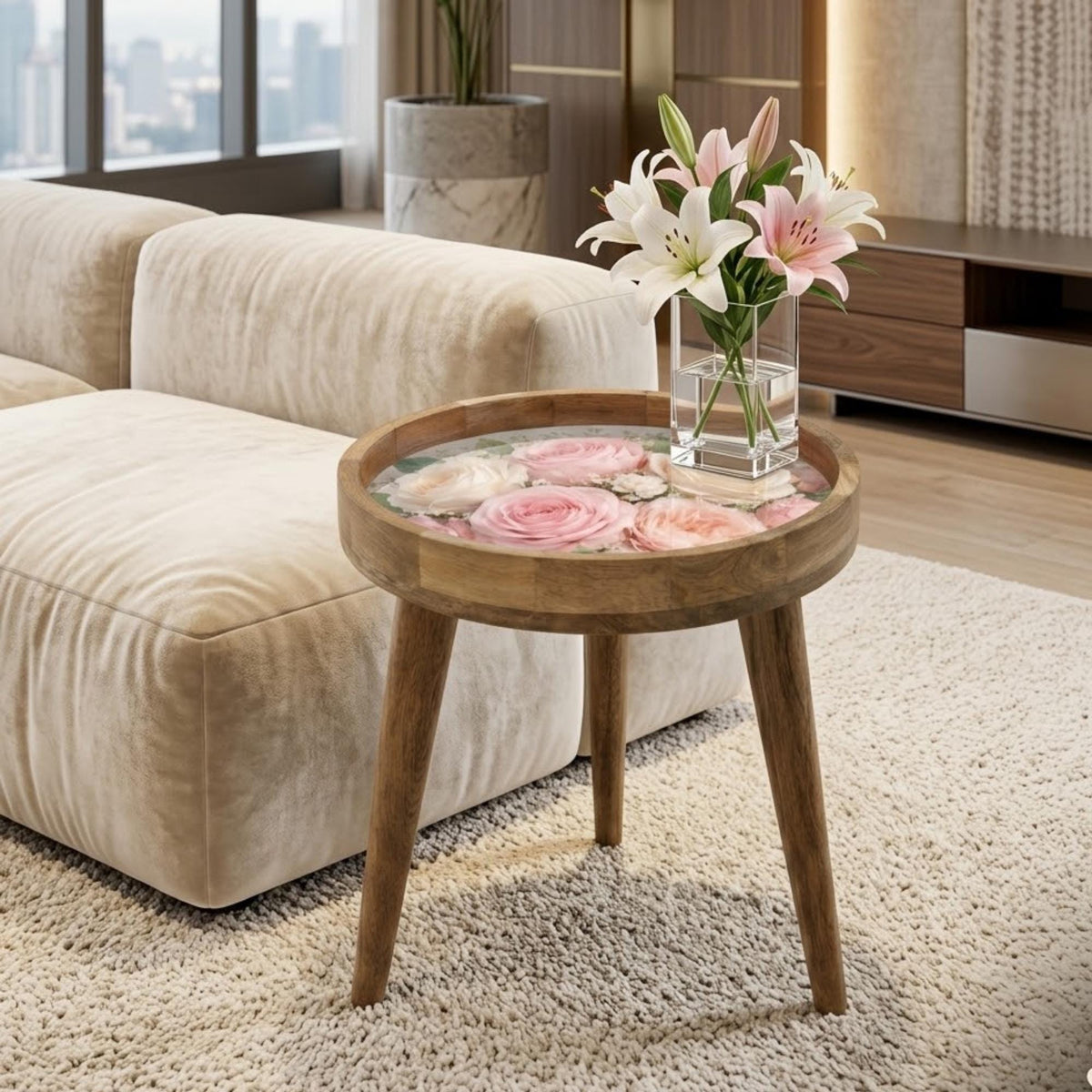 Pastel Rose Glass-Top Mango Wood Side Stand, shown beside a sofa in a styled room.