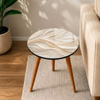 Top view of the abstract wave round side table, glossy lacquer, showing the printed design.