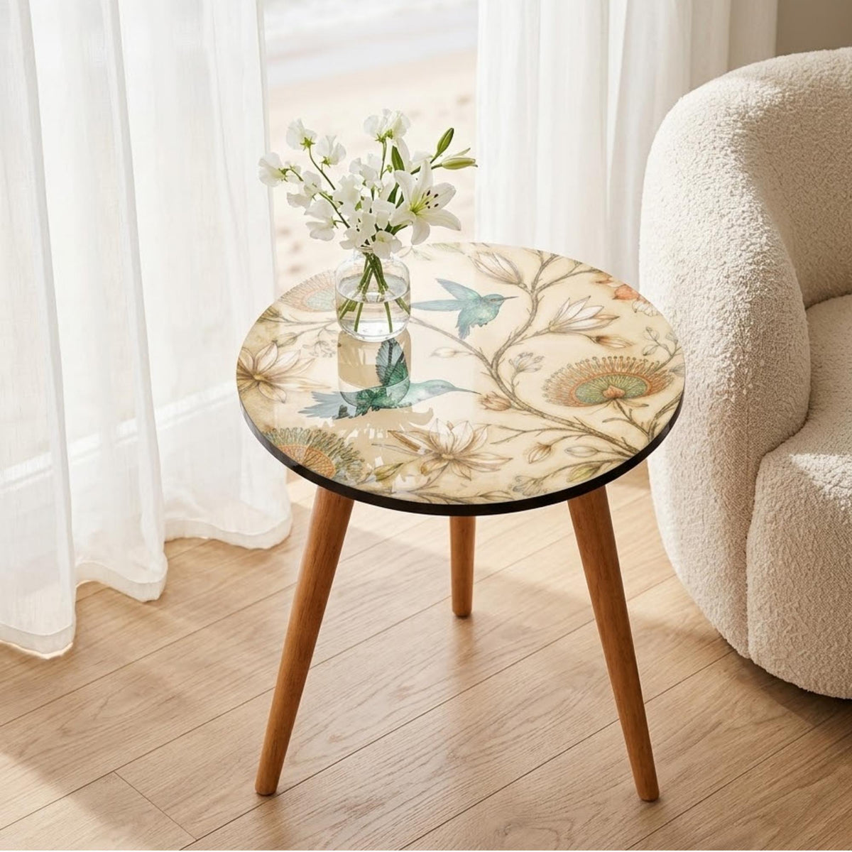 Hummingbird Print Round Side Table, Glossy Lacquer, shown in a styled room near a window.