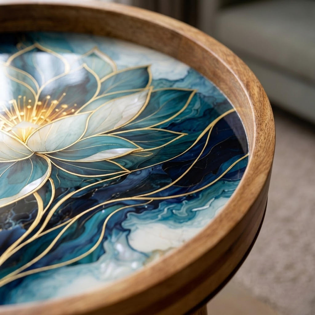 Close-up of the printed design on the blue lotus mango wood side table.