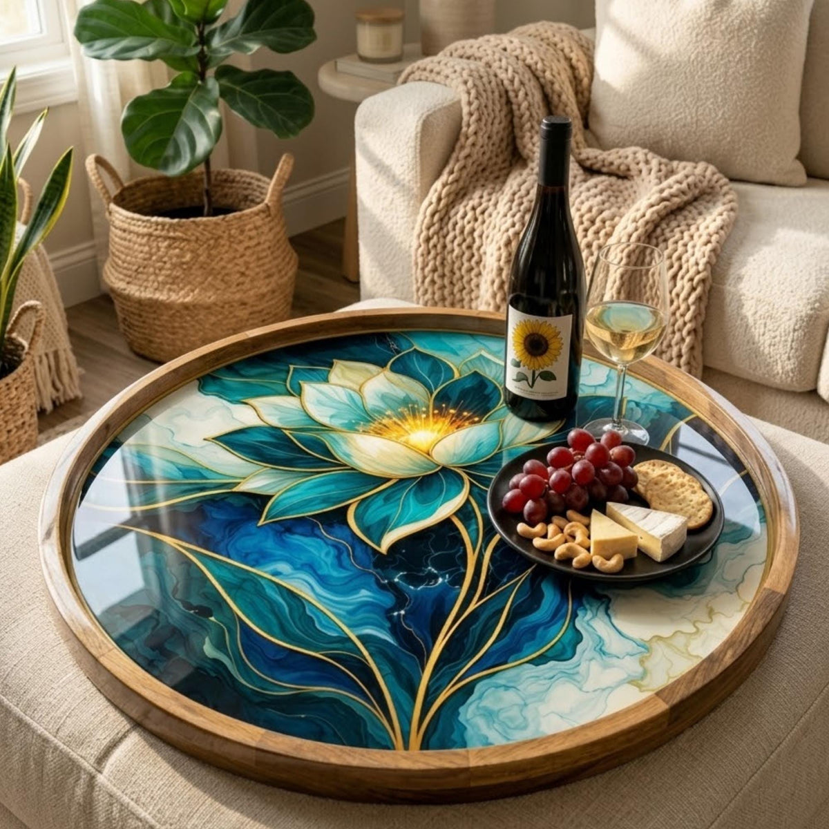 Styled view of the blue lotus mango wood serving tray.