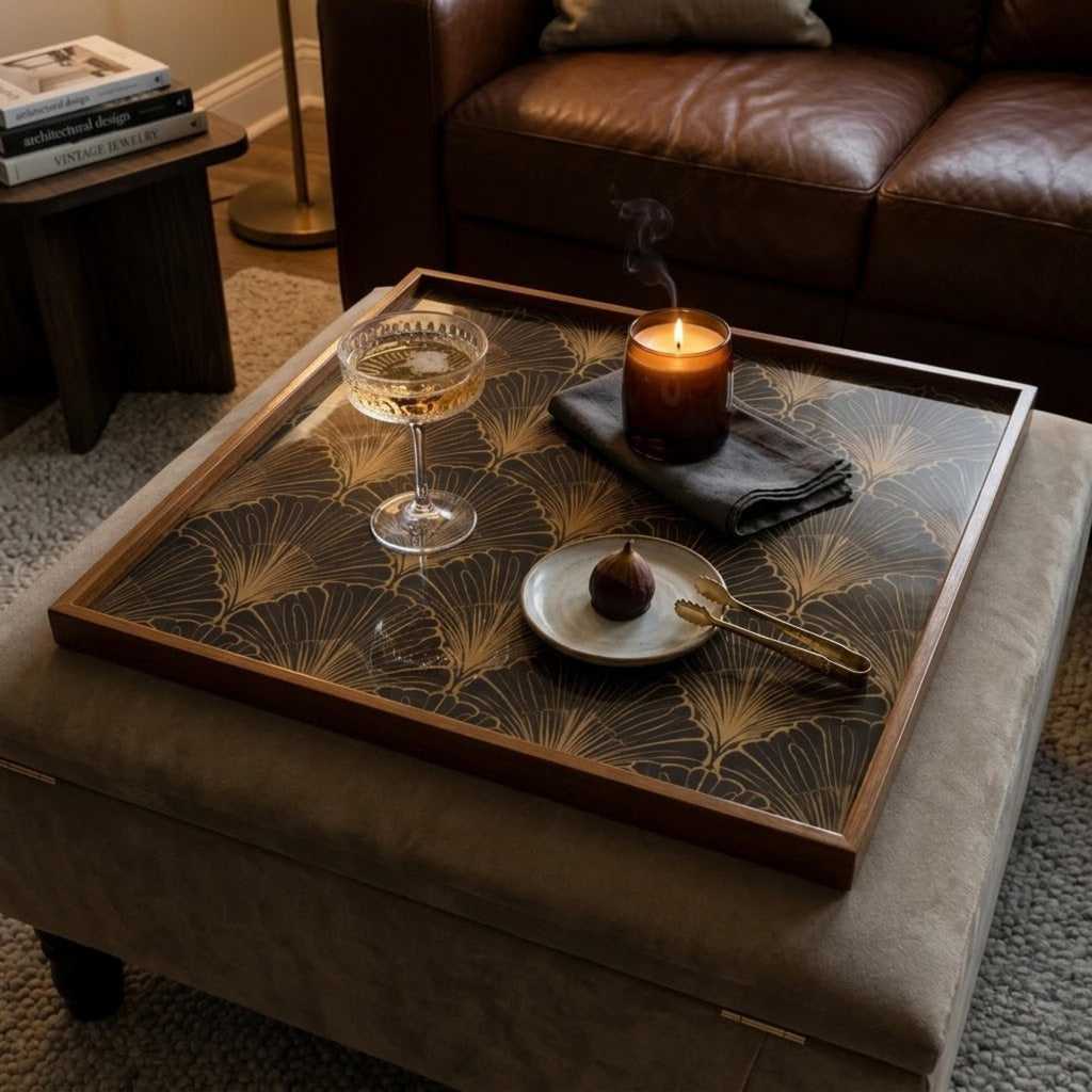 Black & Gold Leaf Wooden Serving Tray, shown beside a sofa in a styled room.