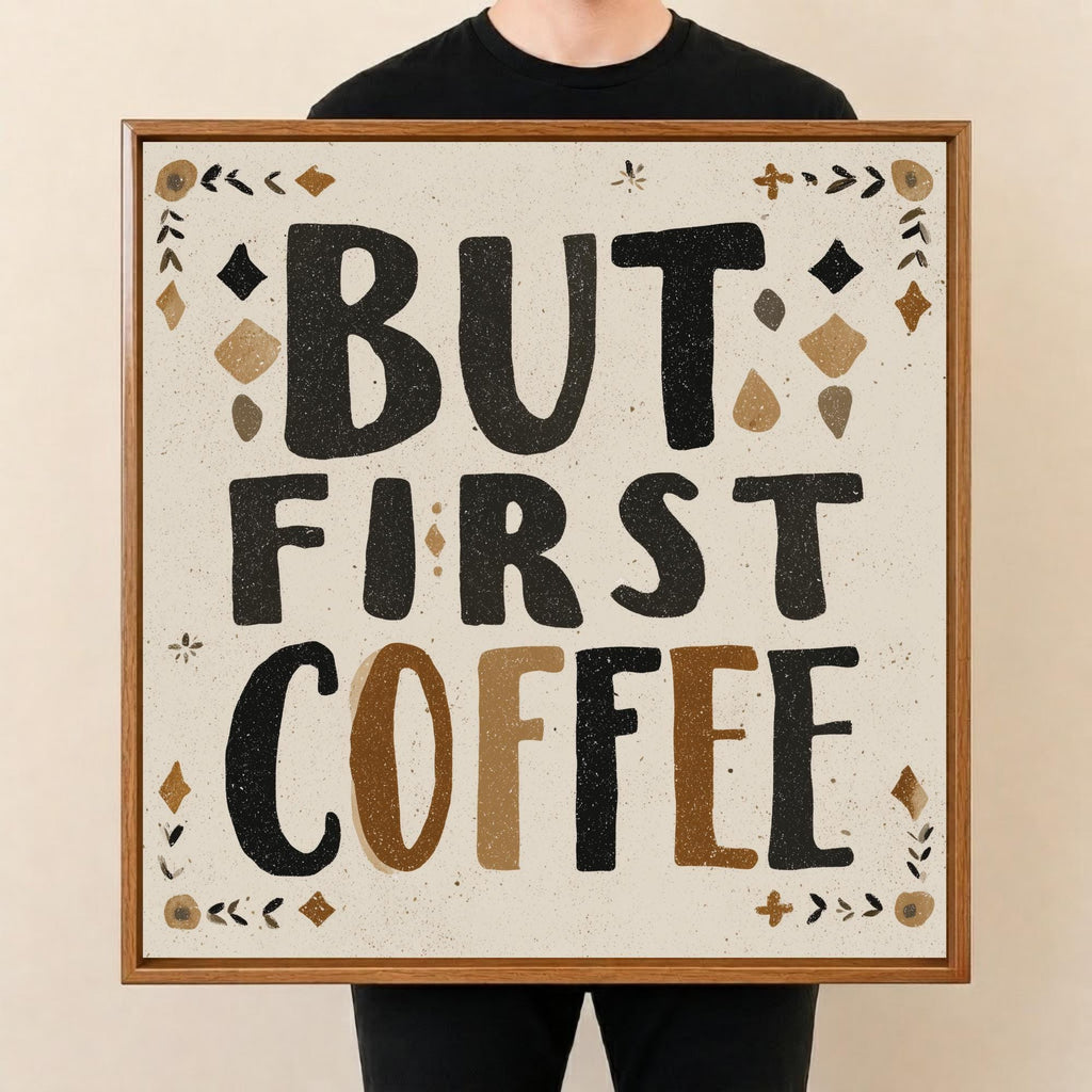 But First Coffee Mango Wood Tray, held upright to show the printed design and overall shape.