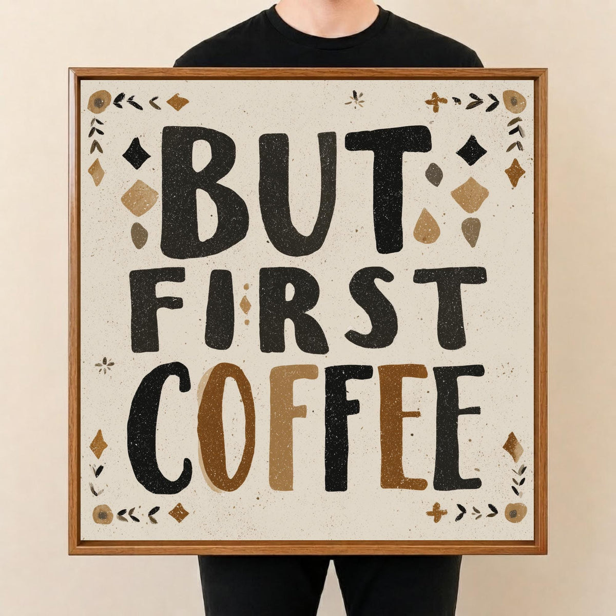But First Coffee Mango Wood Tray, held upright to show the printed design and overall shape.