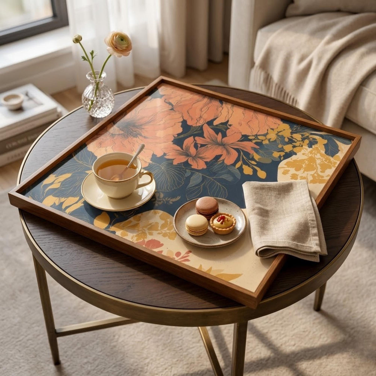 Styled view of the vintage floral mango wood serving tray.