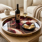 Styled view of the purple marble print mango wood serving tray.