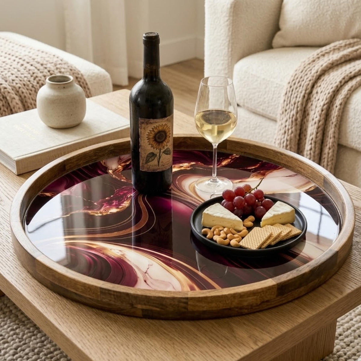 Styled view of the purple marble print mango wood serving tray.