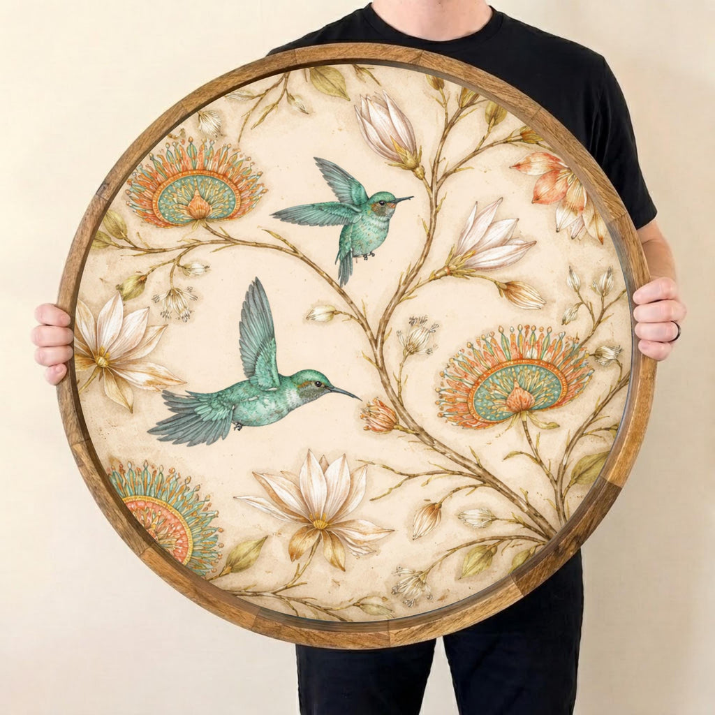Bird & Floral Mango Wood Serving Tray, held upright to show the printed design and overall shape.