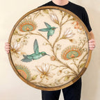 Bird & Floral Mango Wood Serving Tray, held upright to show the printed design and overall shape.