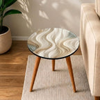 Top view of the ivory wave round side table, glossy lacquer, showing the printed design.