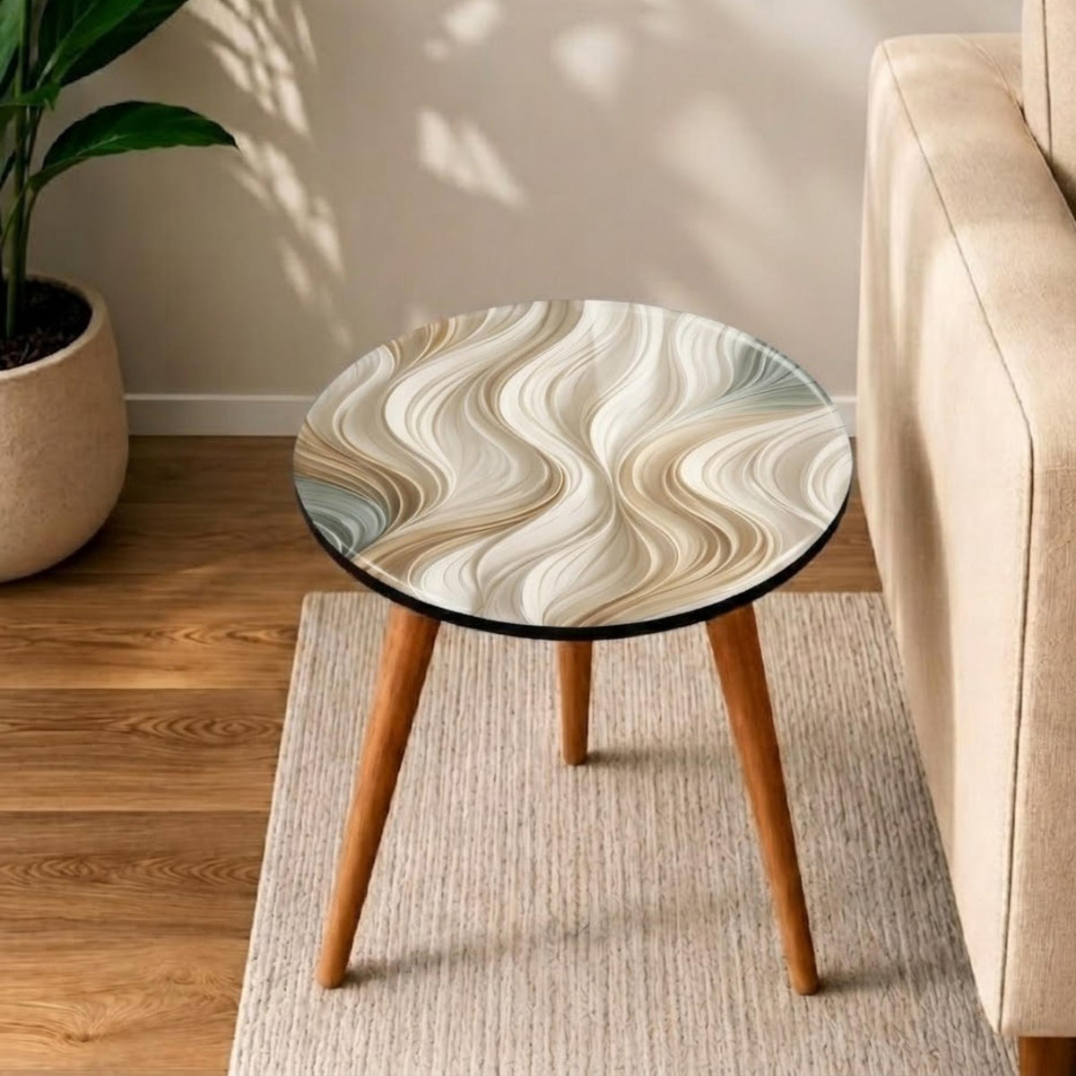 Top view of the ivory wave round side table, glossy lacquer, showing the printed design.