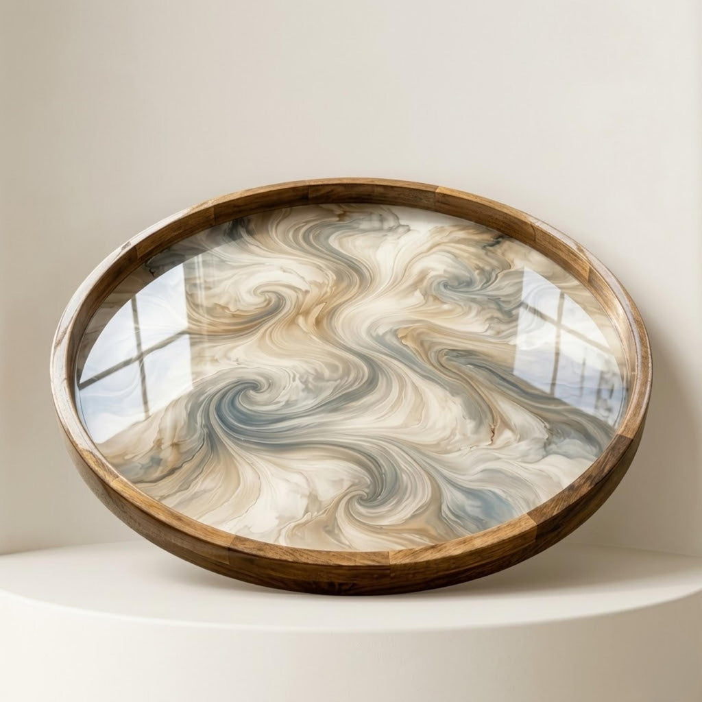 Angled view of the abstract swirl mango wood serving tray.