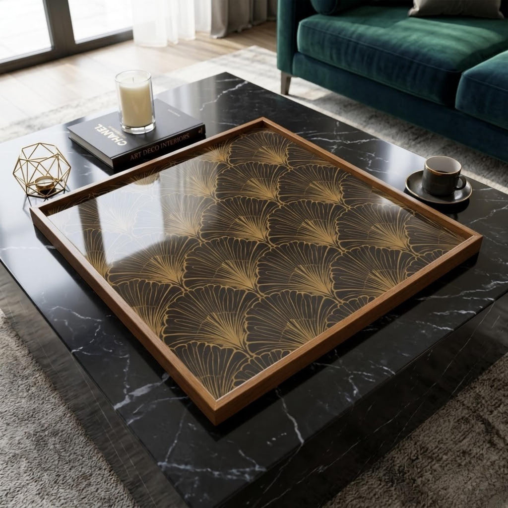 Styled view of the black & gold leaf wooden serving tray.