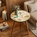 Styled view of the hummingbird print round side table, glossy lacquer.
