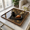 Styled view of the black & gold leaf wooden serving tray.