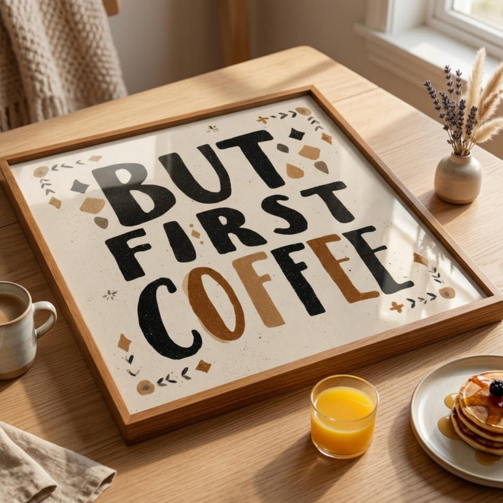 Styled view of the but first coffee mango wood tray.