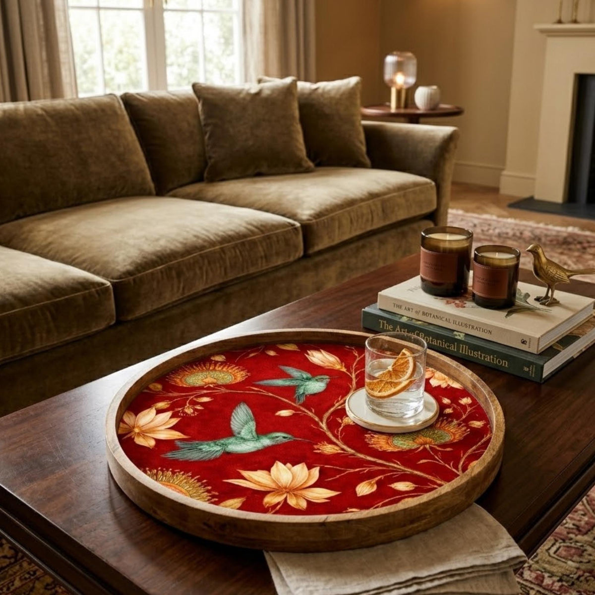 Red Bird Floral Mango Wood Serving Tray, shown beside a sofa in a styled room.