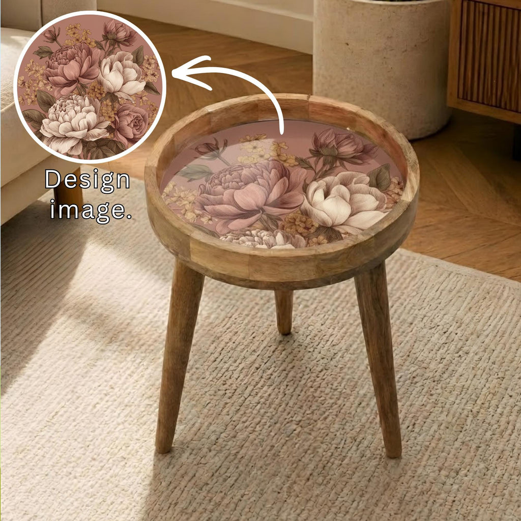 Vintage Rose Mango Wood Side Table, styled in a room with an inset showing the printed artwork.