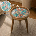 Teal & Pink Floral Glass-Top Mango Wood Side Table, styled in a room with an inset showing the printed artwork.