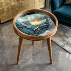 Top view of the blue lotus mango wood side table, showing the printed design.