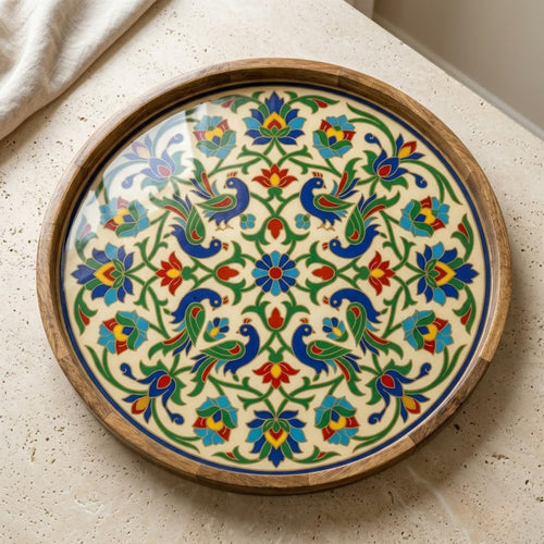 Top view of the blue bird floral wooden serving platter, showing the printed design.