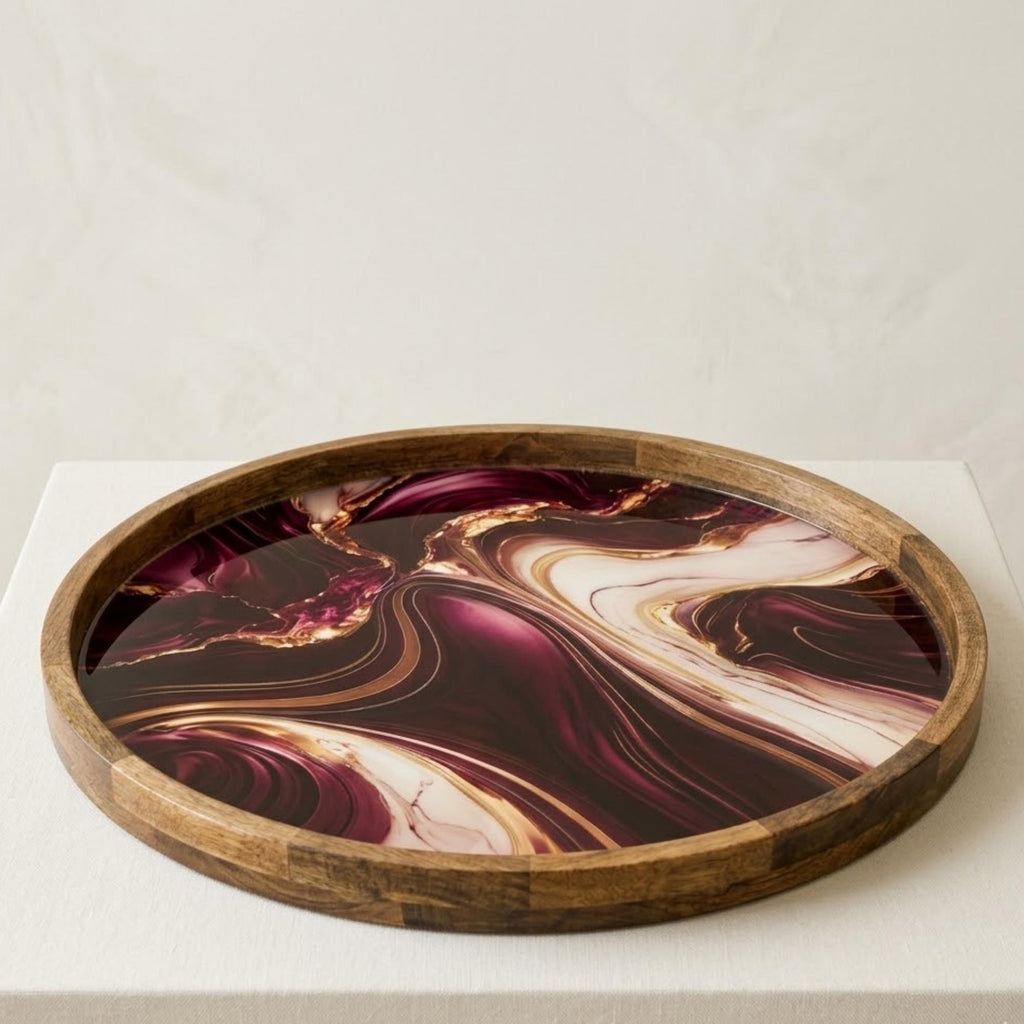 Angled view of the purple marble print mango wood serving tray.