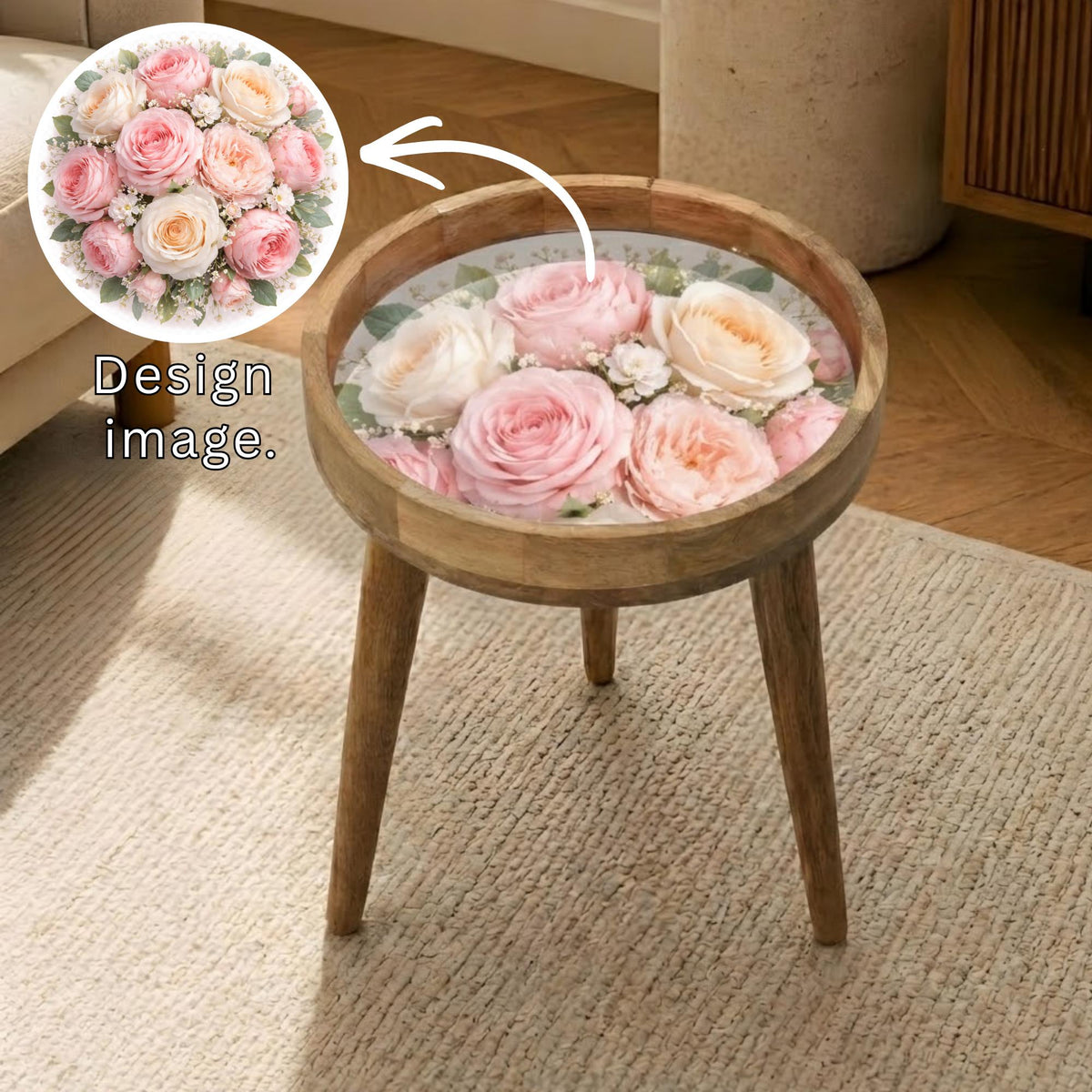 Pastel Rose Glass-Top Mango Wood Side Stand, styled in a room with an inset showing the printed artwork.
