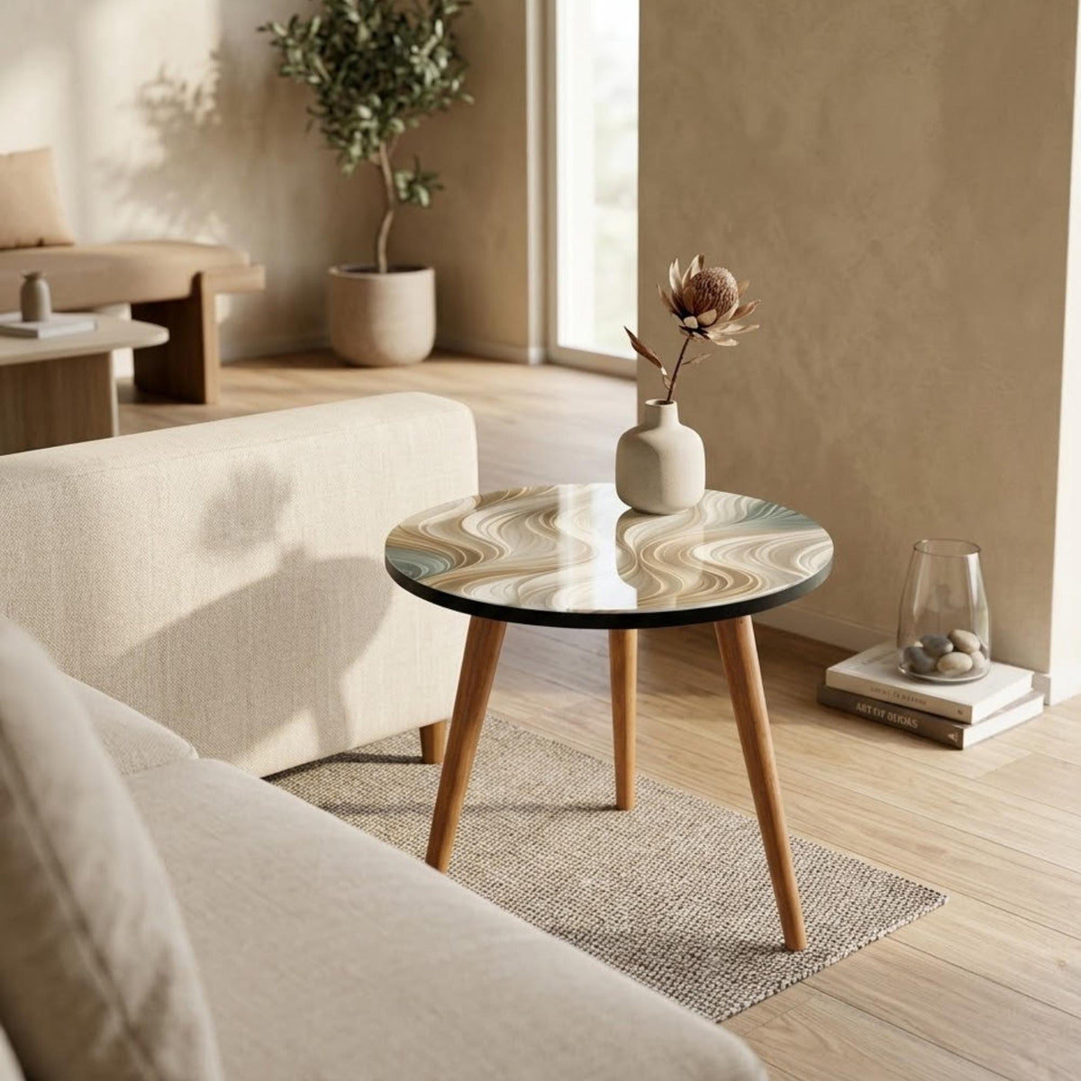 Styled view of the ivory wave round side table, glossy lacquer.