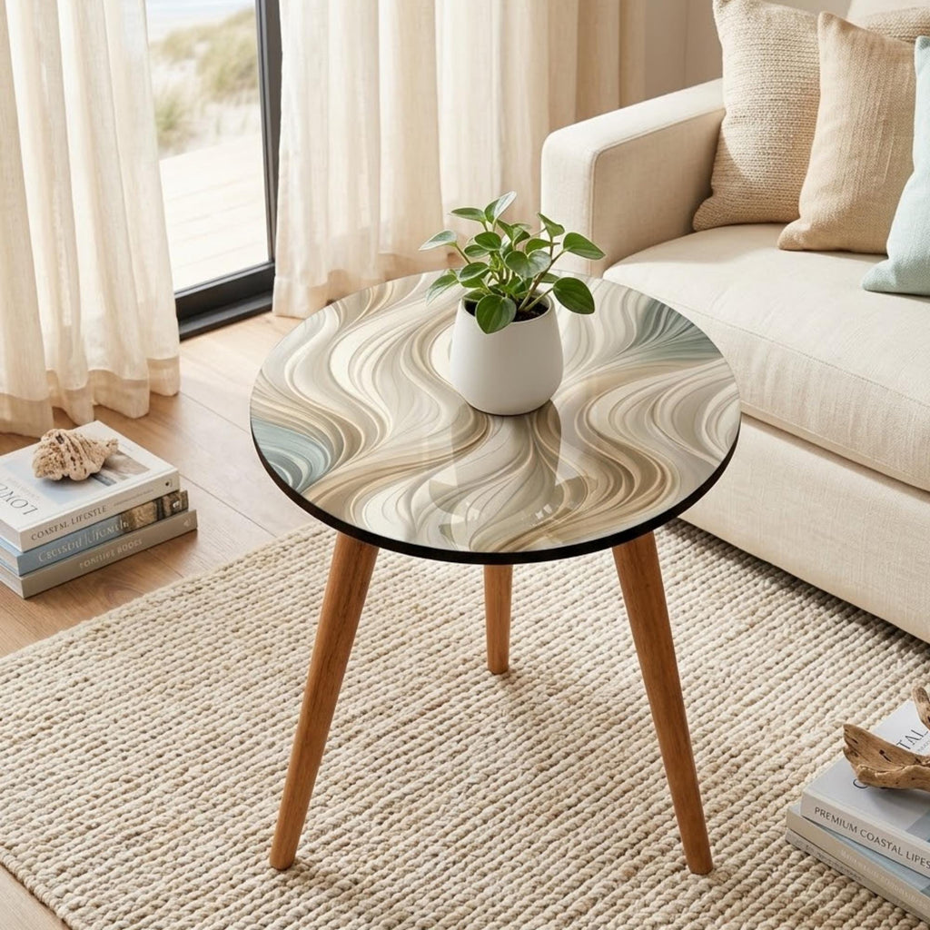 Styled view of the ivory wave round side table, glossy lacquer.