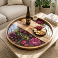 Styled view of the pink floral mango wood serving tray.