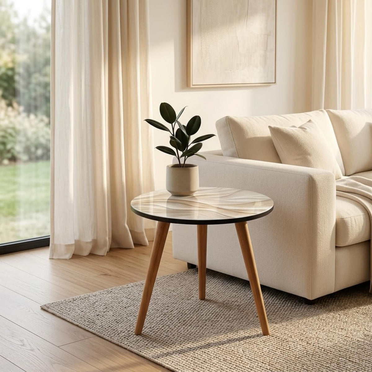 Abstract Wave Round Side Table, Glossy Lacquer, shown beside a sofa in a styled room.