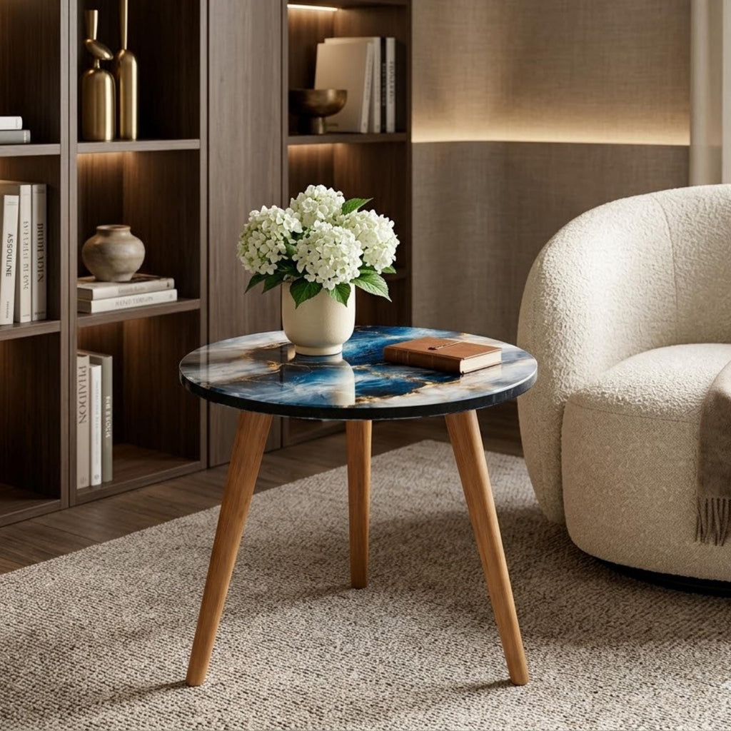Styled view of the blue geode print round side table.