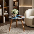 Styled view of the blue geode print round side table.