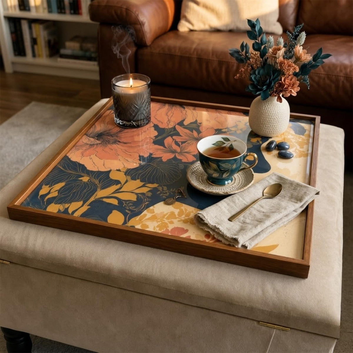 Vintage Floral Mango Wood Serving Tray, shown beside a sofa in a styled room.
