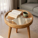 Styled view of the mid-century retro line mango wood side table.