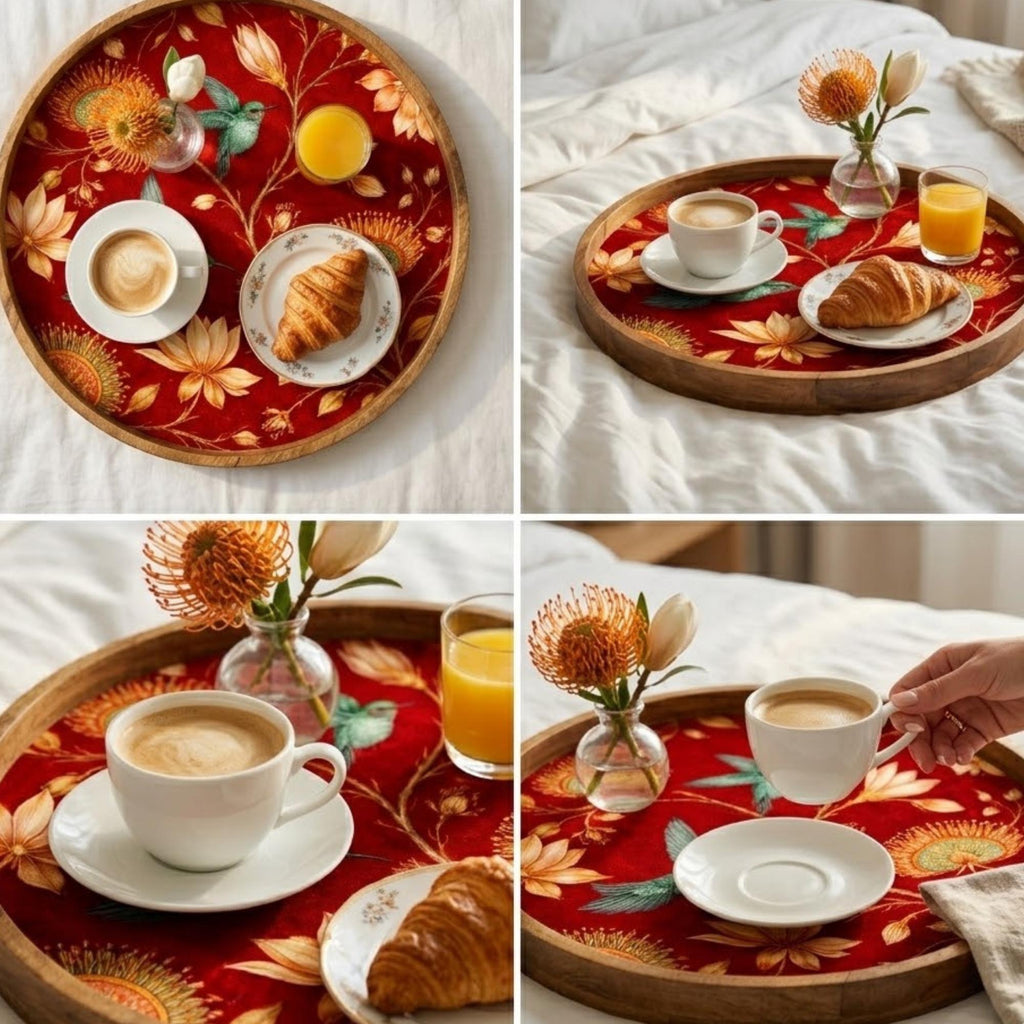 Detail and styled-view collage of the red bird floral mango wood serving tray.