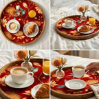 Detail and styled-view collage of the red bird floral mango wood serving tray.