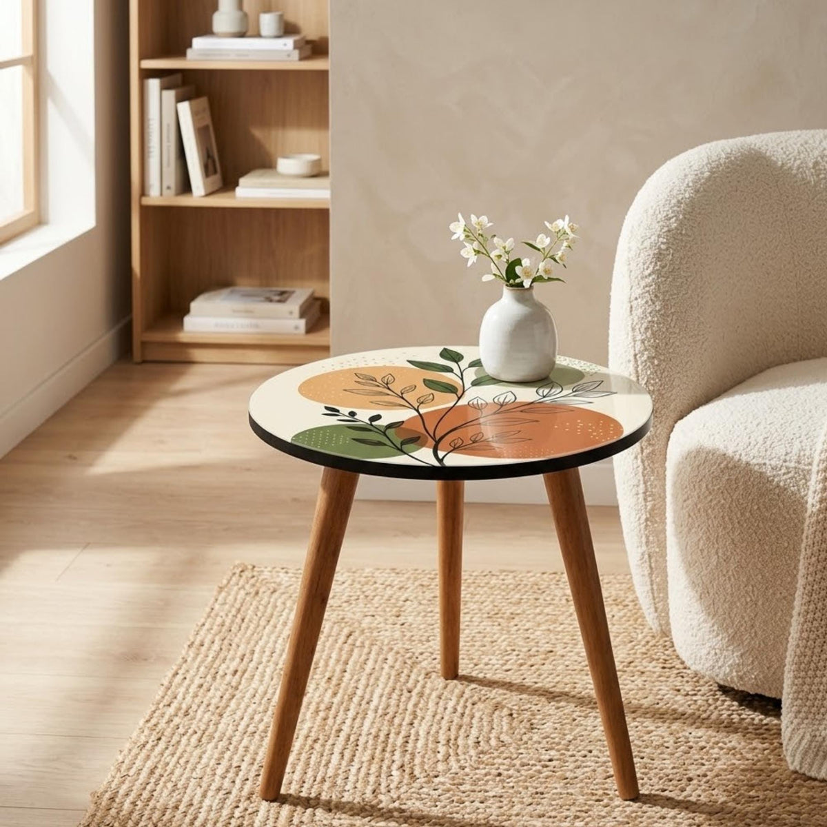 Styled view of the japandi botanical print round side table.
