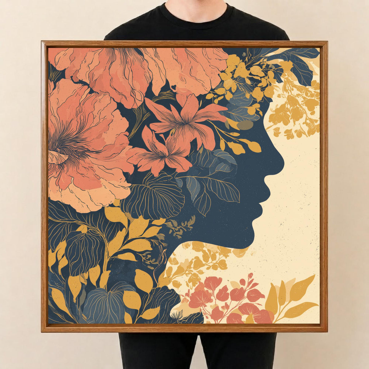Vintage Floral Mango Wood Serving Tray, held upright to show the printed design and overall shape.
