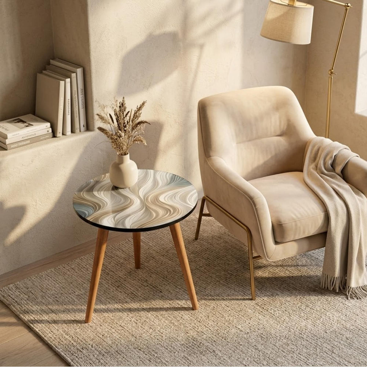 Ivory Wave Round Side Table, Glossy Lacquer, shown beside a sofa in a styled room.