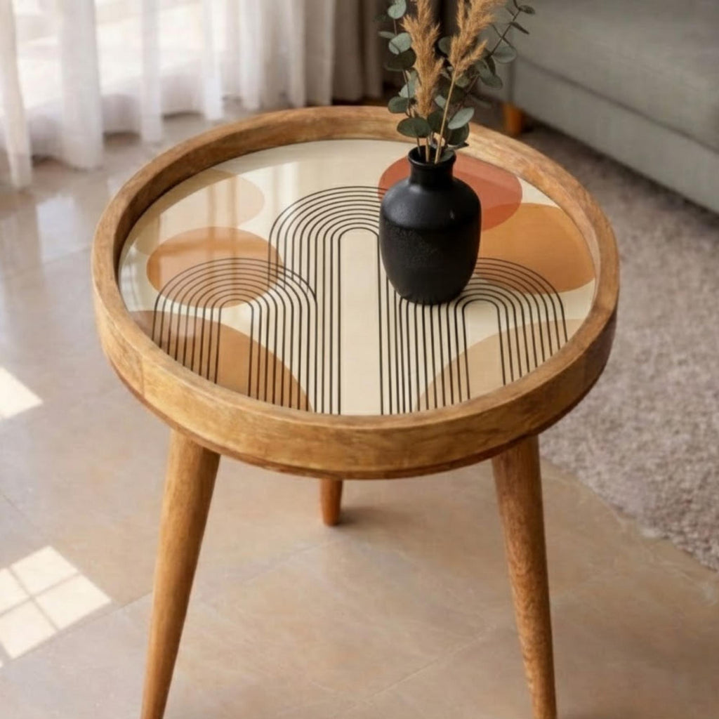 Styled view of the mid-century retro line mango wood side table.