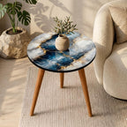 Top view of the blue geode print round side table, showing the printed design.