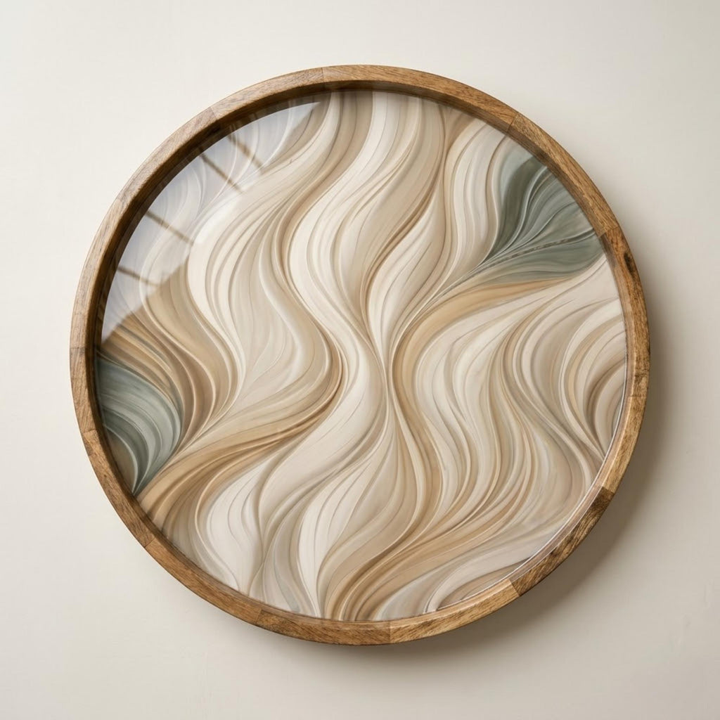 Top view of the neutral wave mango wood serving tray, showing the printed design.