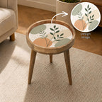 Minimal Botanical Mango Wood Side Table, styled in a room with an inset showing the printed artwork.