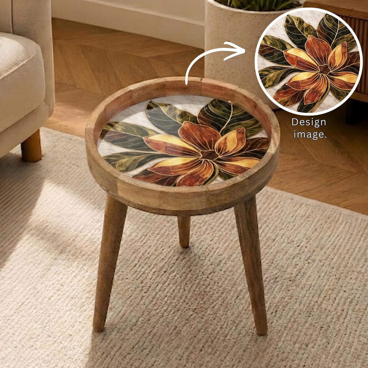 Floral Print Mango Wood Round Side Table, styled in a room with an inset showing the printed artwork.