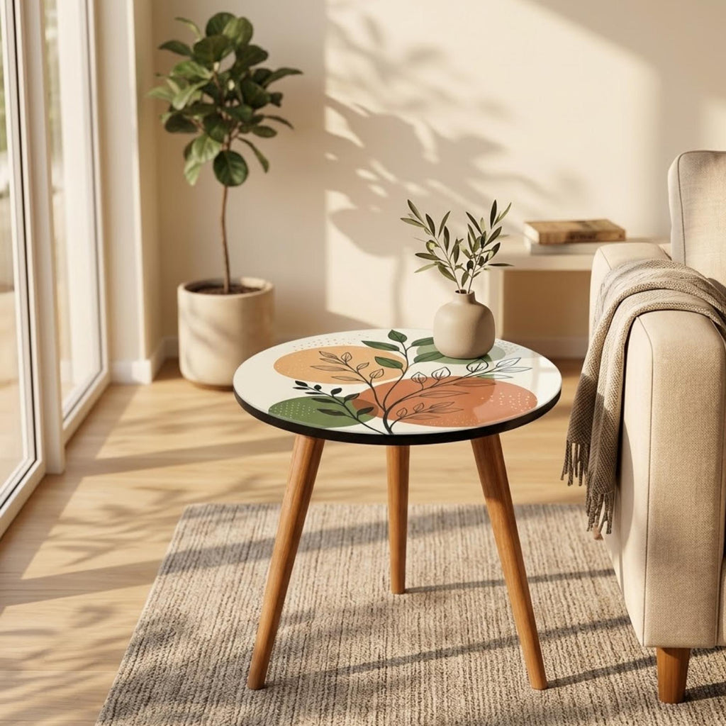 Styled view of the japandi botanical print round side table.