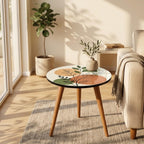 Styled view of the japandi botanical print round side table.