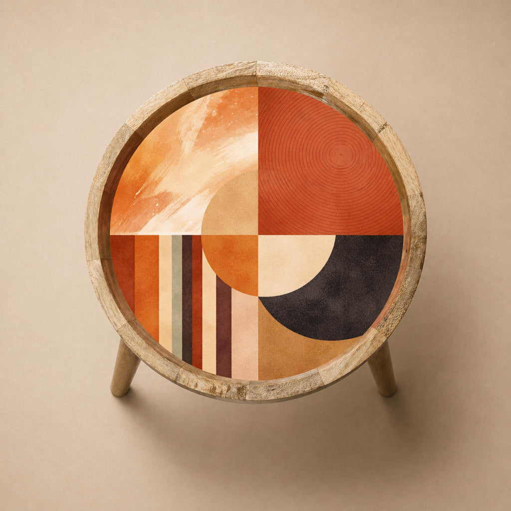 Top view of the abstract geometric mango wood side table, showing the printed design.
