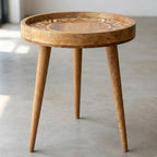 Angled view of the geometric boho mango wood side table.
